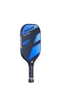 Babolat MNSTR pickleballracket med et blåt og sort design, rund form, tekstureret grebshåndtag og branding på ansigtet.