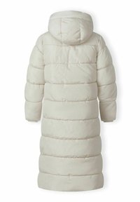 Helebeežik puffer-jakk kapuutsiga, millel on horisontaalne patterdamine, mugavad mansetid, põlvekohani ulatuv lõige ja sile, läikiv viimistlus.