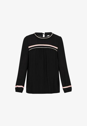 Zwarte blouse met lange mouwen en een ronde halslijn, voorzien van witte en roze geborduurde accenten op de borst en mouwen. Knopsluiting aan de achterkant.