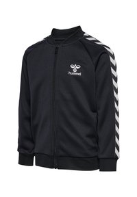 Veste de sport noire zippée avec un col haut, présentant des rayures en chevron blanches sur les manches et un logo brodé sur la poitrine.