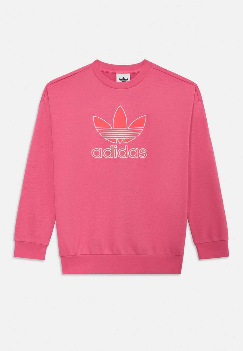 Sweatshirt rosa com gola redonda, mangas compridas e punhos canelados. Apresenta um logo Adidas em branco com o design trefoil na parte da frente.