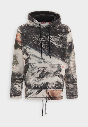 Hoodie met zwart-wit-bruine abstracte patroon, kangoeroezak aan de voorkant, zwarte trekkoorden en Diesel-merketiket op de zak.