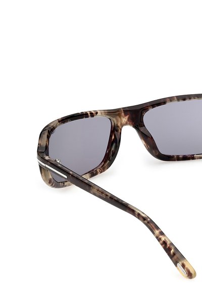 Tortoiseshell rectangular sunglasses with dark gray lenses, showing left side frame and temple arm with silver accent.
