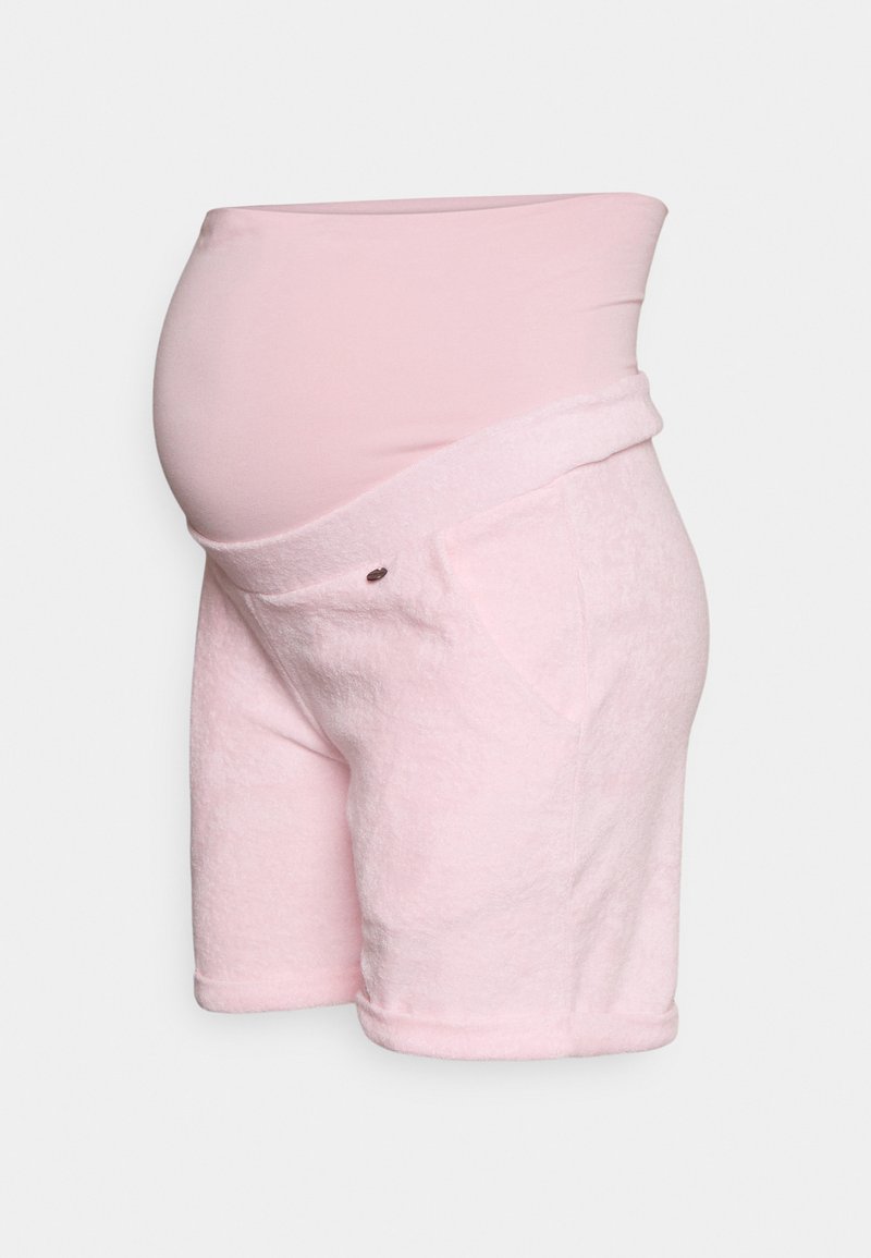 Calções de maternidade em tecido rosa suave com uma cintura ajustada, bolsos laterais e um corte solto, projetados para conforto e facilidade durante a gravidez.