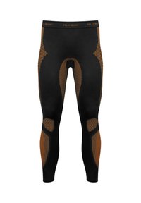 Schwarze Thermoleggings mit orangen Mesh-Akzenten, mit eng anliegendem Design, verstärkten Kniebereichen und einem Logo am Bund.