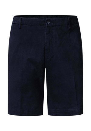 Donker marineblauwe op maat gemaakte korte broek met riemlussen, voorzijde met knoopsluiting en een strak, minimalistisch ontwerp.