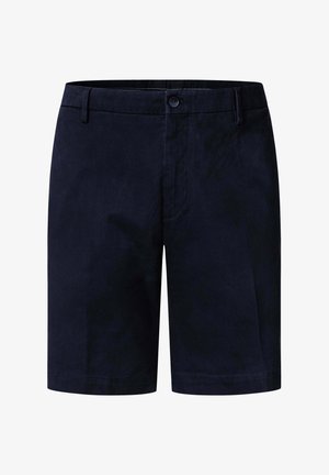 Granatowe, eleganckie krótkie spodenki z szlufkami na pasek, zapinane na przód na guzik, o czystym, minimalistycznym designie.