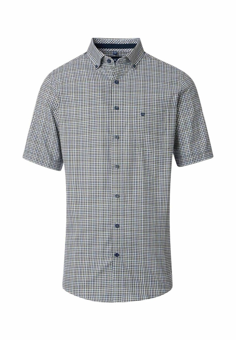 Korte mouwen knoopshirt in een marineblauw en wit ruitpatroon, met een puntige kraag en zeven marineblauwe knopen aan de voorkant.