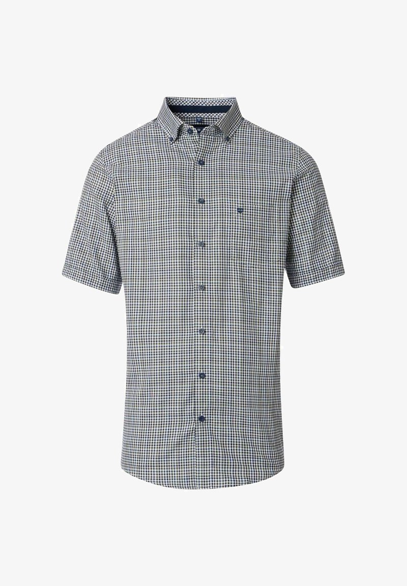 Korte mouwen knoopshirt in een marineblauw en wit ruitpatroon, met een puntige kraag en zeven marineblauwe knopen aan de voorkant.