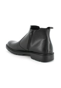 Stivali ankle neri in pelle con cerniera laterale, caratterizzati da una texture liscia, punta arrotondata e una robusta suola in gomma.