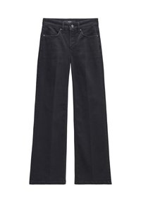 Schwarzweidige Jeans in weiter Beinform mit flachem Frontdesign, fünf Taschen und sichtbaren Nähten. Hergestellt aus weichem Baumwollmaterial.