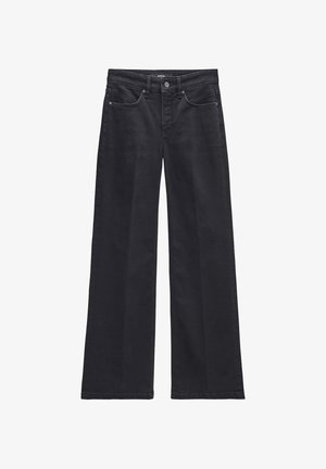 Schwarzweidige Jeans in weiter Beinform mit flachem Frontdesign, fünf Taschen und sichtbaren Nähten. Hergestellt aus weichem Baumwollmaterial.