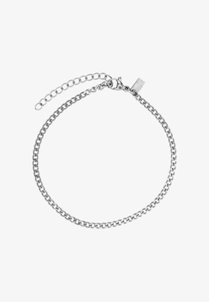 Srebrna bransoletka z metalowego łańcucha, z połączonymi ogniwami, zapięciem typu karabińczyk oraz regulowanym przedłużeniem dla zmiany długości.
