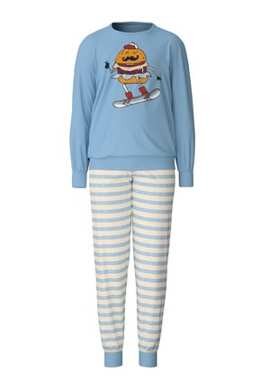 Blaues Sweatshirt mit Burger- Grafik, kombiniert mit cremfarbenen und hellblauen gestreiften Hosen. Weicher Stoff, gerippte Bündchen und elastischer Bund.