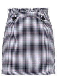 Kostičkovaná sukně vyrobená z látky v různých odstínech modré, bílé a červené. Má volánkový pás a dva černé knoflíky.