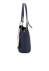 Borsa a tracolla blu navy in morbida ecopelle. Caratterizzata da manici doppi e una fascia decorativa con stampa. Forma elegante e ben definita.