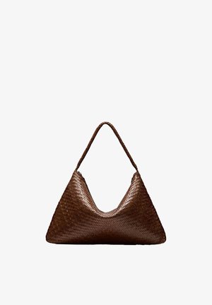 Brown woven leather shoulder bag with triangular shape and single strap, displayed against a white background.