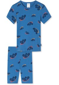 Blaue Baumwoll-Pyjama-Set bestehend aus einem kurzärmeligen Hemd und Shorts, verziert mit schwarzen sowie bunten Wolken- und Fahrzeugmustern.