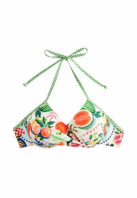 Višebojni bikini top s uzorkom voća i lišća, s zelenim kariranim vezicama i uvijenim dizajnom u sredini. Izrađen od glatkog materijala.
