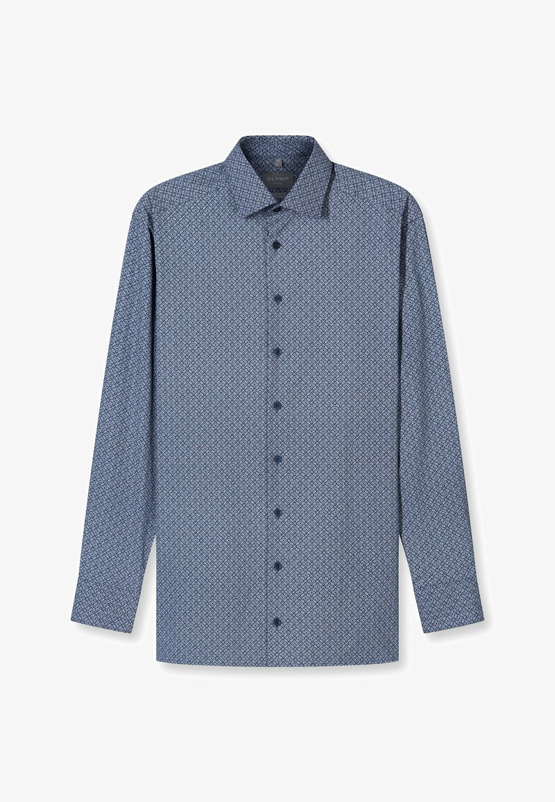 Langärmliges Hemd mit Knöpfen aus einem blauen gemusterten Stoff, mit einem Kragen, Vorderknöpfen und einem taillierten Schnitt.
