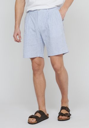 Blå- og hvidstribede shorts, letvægtigt stof, almindelig pasform, frontfolder, sidelommer. Sammen med brune sandaler med to stropper.
