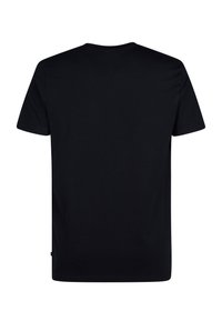 Černé tričko s krátkým rukávem vyrobené z bavlny, s kulatým výstřihem a hladkou texturou; minimalistický design bez viditelných vzorů nebo akcentů.