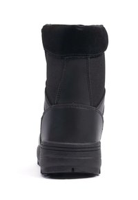 Black boot featuring a smooth leather lower, fabric upper, and soft, textured collar. Rounded toe and flat rubber sole for traction.