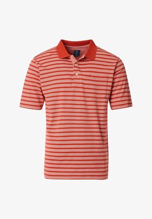 Rød- og lyserødstribet polo-shirt med en ensfarvet krave, tre-knaps placket og lomme på venstre bryst. Lavet af bomuldsstof, kortærmet.