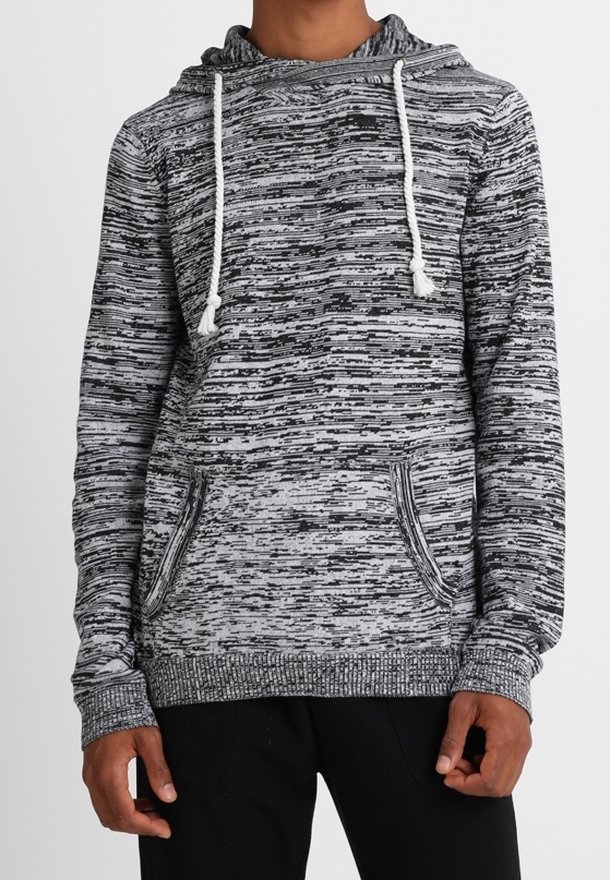 Grauer und schwarzer Hoodie mit Kapuze und Kordelzug, Kängurutasche und gerippten Bündchen. Hergestellt aus weichem, strukturiertem Stoff.