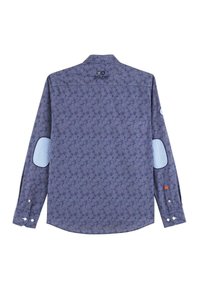 Chemise à manches longues à motifs bleus avec des patchs aux coudes, un col standard et des poignets boutonnés. Comprend un design floral et des textures subtiles.