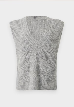 Gilet sans manches en tricot gris clair avec un col en V et un motif en chevron à l'avant.