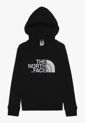 Black hooded sweatshirt with a large, white logo reading "THE NORTH FACE." Features a front kangaroo pocket and ribbed cuffs.