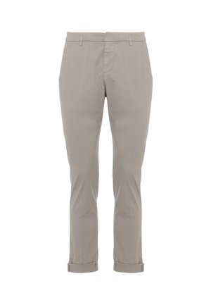 Pantaloni casual aderenti grigio chiaro con passanti per cintura, tasche laterali, chiusura lampo e orli ripiegati.