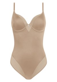Nude bodysuit van gladde stof, met een V-hals, onderbroken cups en sheer mesh zijkanten voor extra textuur.