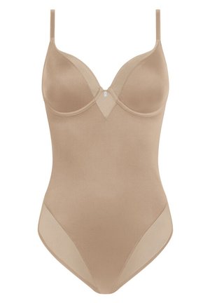 Nagi bodysuit wykonany z gładkiego materiału, z dekoltem w kształcie litery V, miseczkami na fiszbinach oraz przezroczystymi panelami z siateczki po bokach dla dodatkowej tekstury.