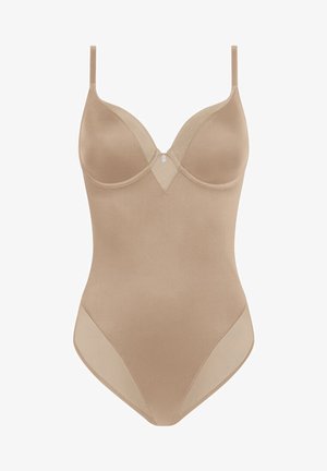 Nude bodysuit lavet af glat stof, med V-hals, bøjler i skåle og gennemsigtige mesh-sider for ekstra tekstur.