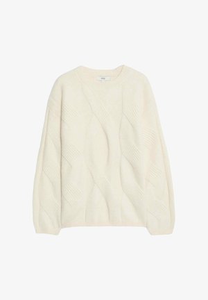 Maglione lavorato a maglia di colore crema con un motivo a treccia testurizzato, scollatura rotonda e spalle scese. Realizzato in un morbido materiale misto lana.