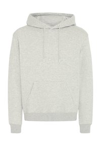 Light gray hooded sweatshirt made of soft fabric. Features a front pouch pocket, drawstring hood, and ribbed cuffs and hem.