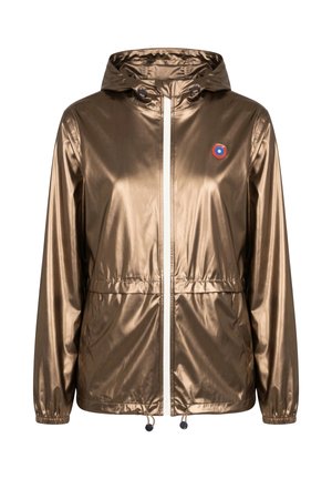 Veste à capuche métallique marron avec fermeture éclair à l'avant, cordons réglables à l'ourlet et à la capuche, poignets élastiques et petit logo rond sur la poitrine.