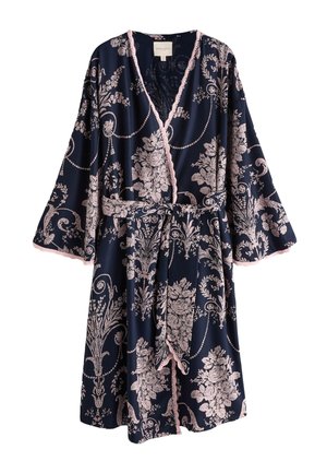 Navy blue robe with light pink floral and ornamental patterns, pink scalloped trim, wide sleeves, and self-tie belt at waist.