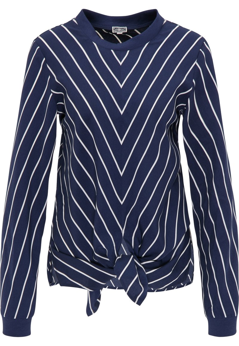 Chemise bleu marine à manches longues avec des rayures diagonales blanches formant des chevrons et un détail de nœud à l'avant de l'ourlet.