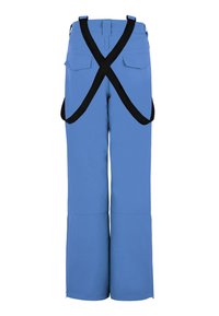 Blauwe sneeuwbroek met een rechte pijpdesign, verstelbare zwarte bretels en twee achterzakken. Het materiaal lijkt glad te zijn zonder zichtbare patronen.