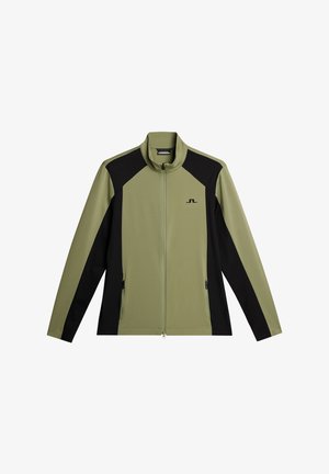 Olive green and black zip-up jacket, featuring a high collar, two side pockets, and a logo on the chest. Smooth texture and athletic fit.