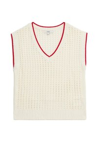 Gilet lavorato a maglia color crema con scollo a V, caratterizzato da bordi rossi attorno al collo e alle armature, e un motivo testurizzato su tutta la superficie.