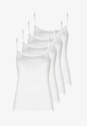 Fire hvide bomulds camisoles med justerbare spaghetti-stropper og rundede halsudskæringer, der har et enkelt design og en glat tekstur.
