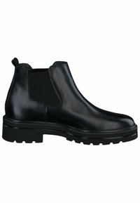 Botín Chelsea negro de cuero con paneles laterales elásticos, puntera redondeada y suela de goma gruesa con un patrón de tracción.