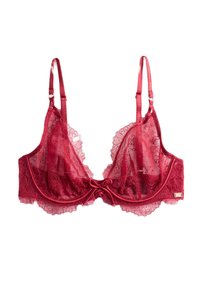 Roter Spitzen-Bralette mit Satinakzenten, ausgestattet mit transparenten Cups, floralen Mustern, verstellbaren Trägern und einer Schleifendetail in der Mitte.