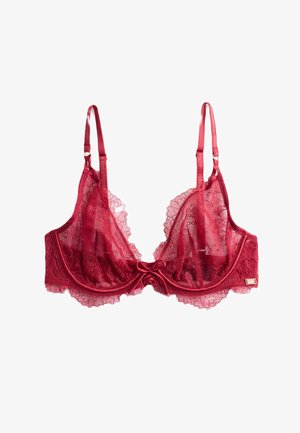 Rode kanten bralette met satijnen accenten, voorzien van doorzichtige cups, bloemenpatronen, verstelbare bandjes en een strikdetail in het midden.