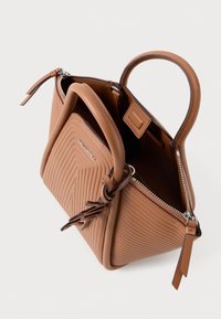 Brown textured leather handbag with a geometric design, top handle, and zipper closure. Features knotted accents and logo detail.