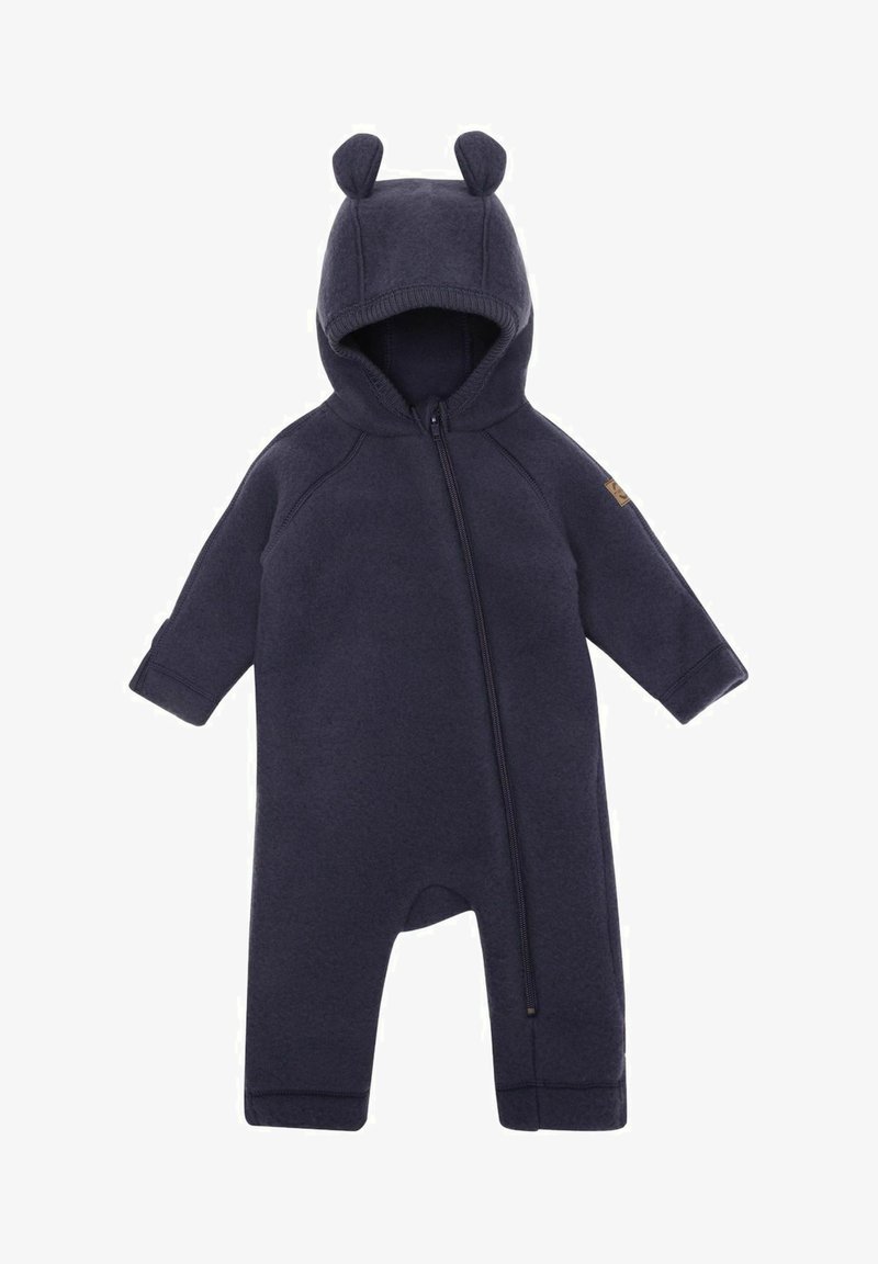 Tuta in pile blu navy per neonati con chiusura a zip, cappuccio con due orecchie e maniche lunghe. Texture morbida con polsini a coste e aperture per le caviglie.